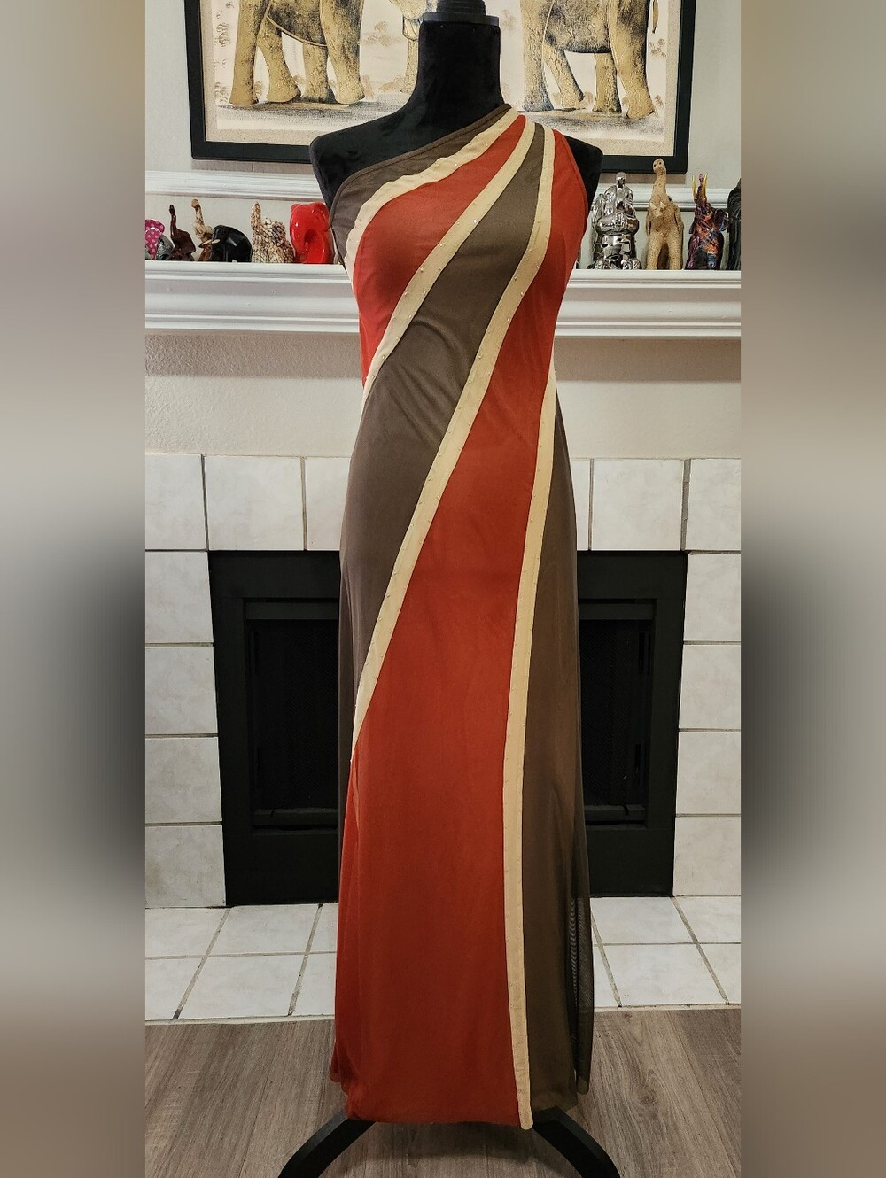 BCBGMaxAzria One-Shoulder Colorblock Maxi Dress in Rust, Brown & Cream